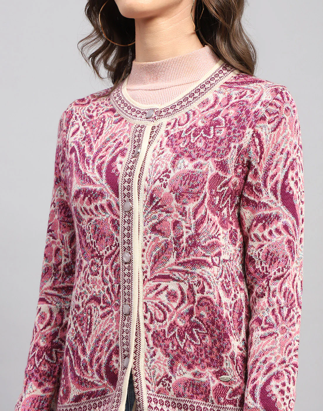 Women Pink Self Design Round Neck Full Sleeve Cardigan - Image 6