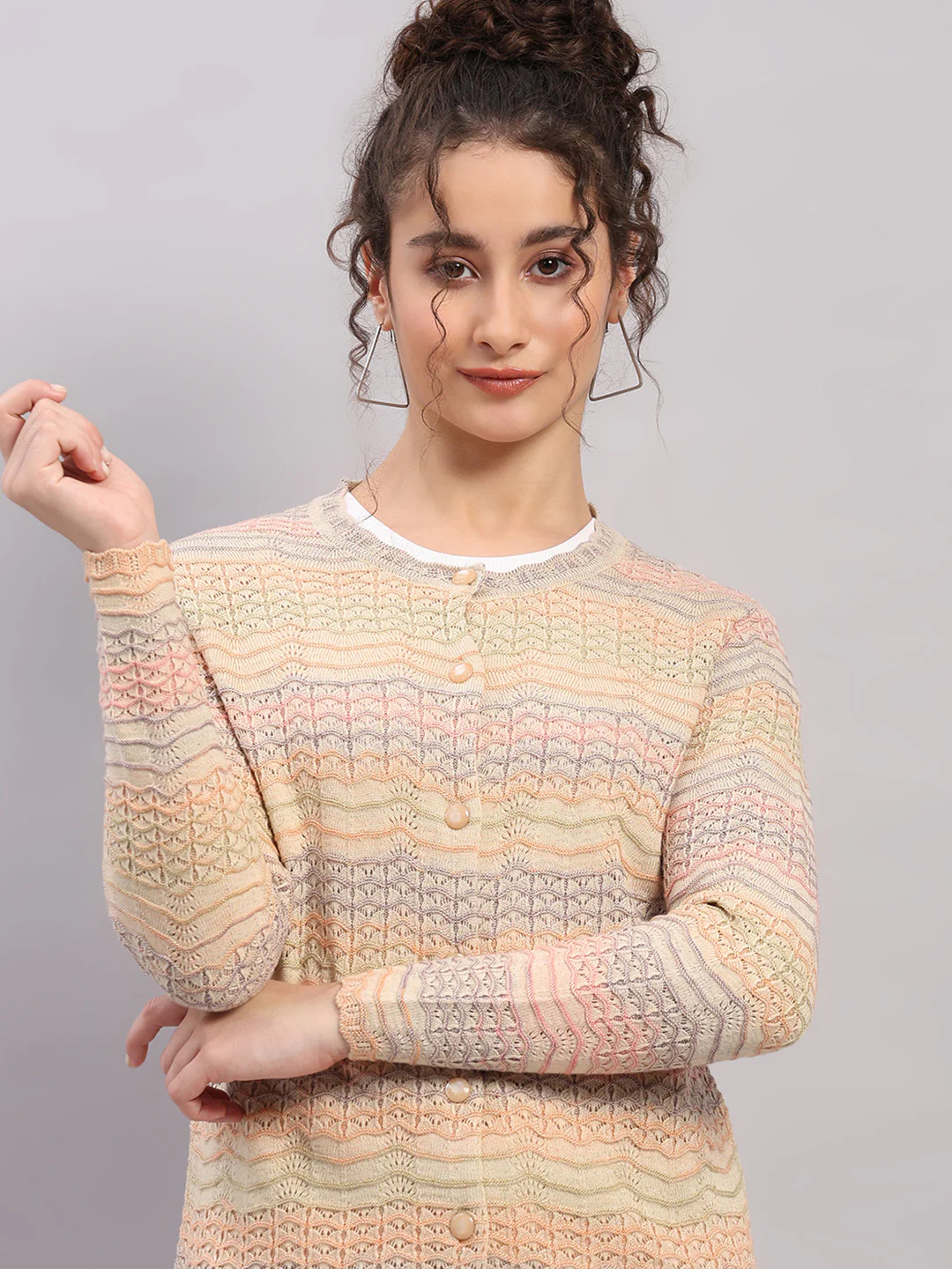 Women Pink Self Design Round Neck Full Sleeve Cardigan - Image 6