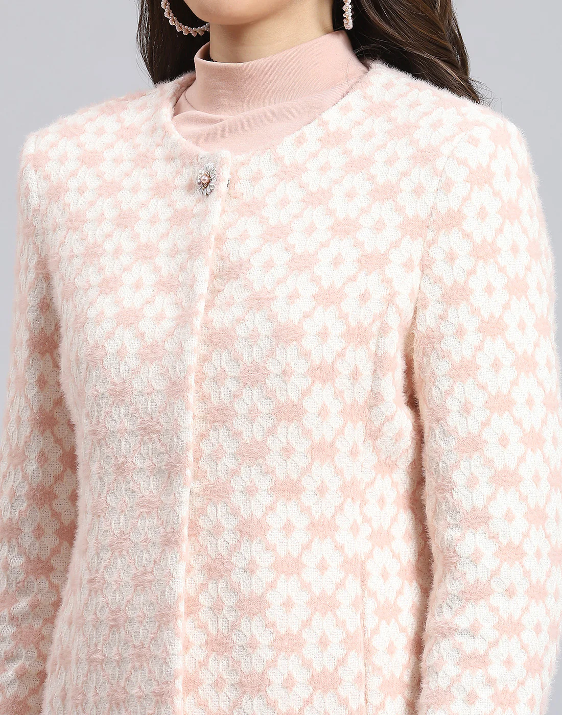 Women Pink Self Design Round Neck Full Sleeve Coat - Image 6