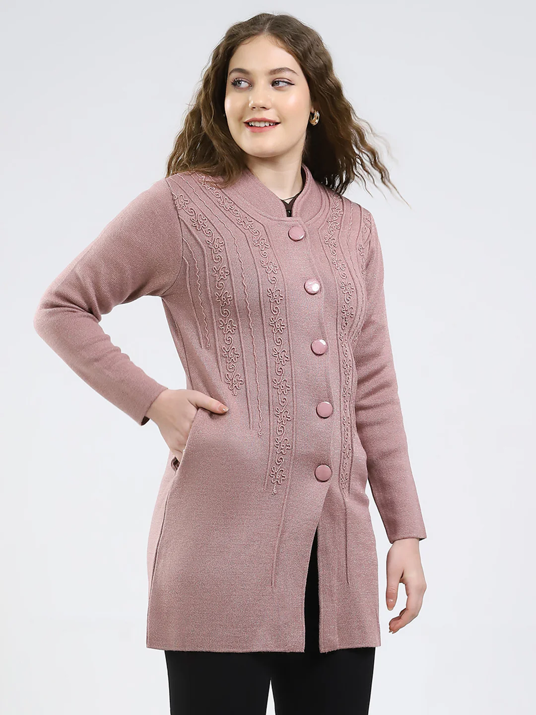 Women Pink Self Design Round Neck Full Sleeve Knitted Coat - Image 4