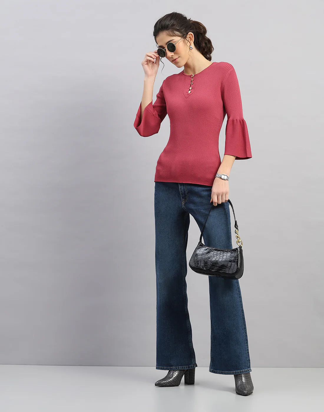 Women Pink Self Design Round Neck Full Sleeve Winter Top - Image 5