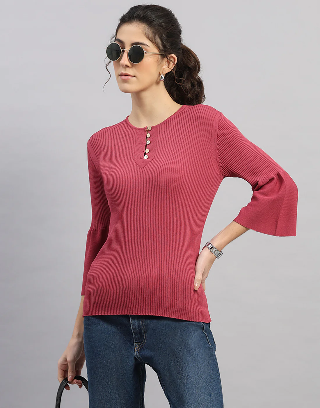 Women Pink Self Design Round Neck Full Sleeve Winter Top - Image 6