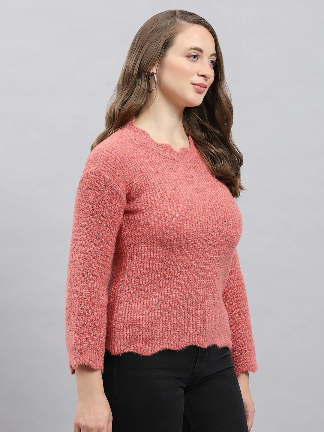 Women Pink Self Design Round Neck Full Sleeve Winter Tops - Image 4
