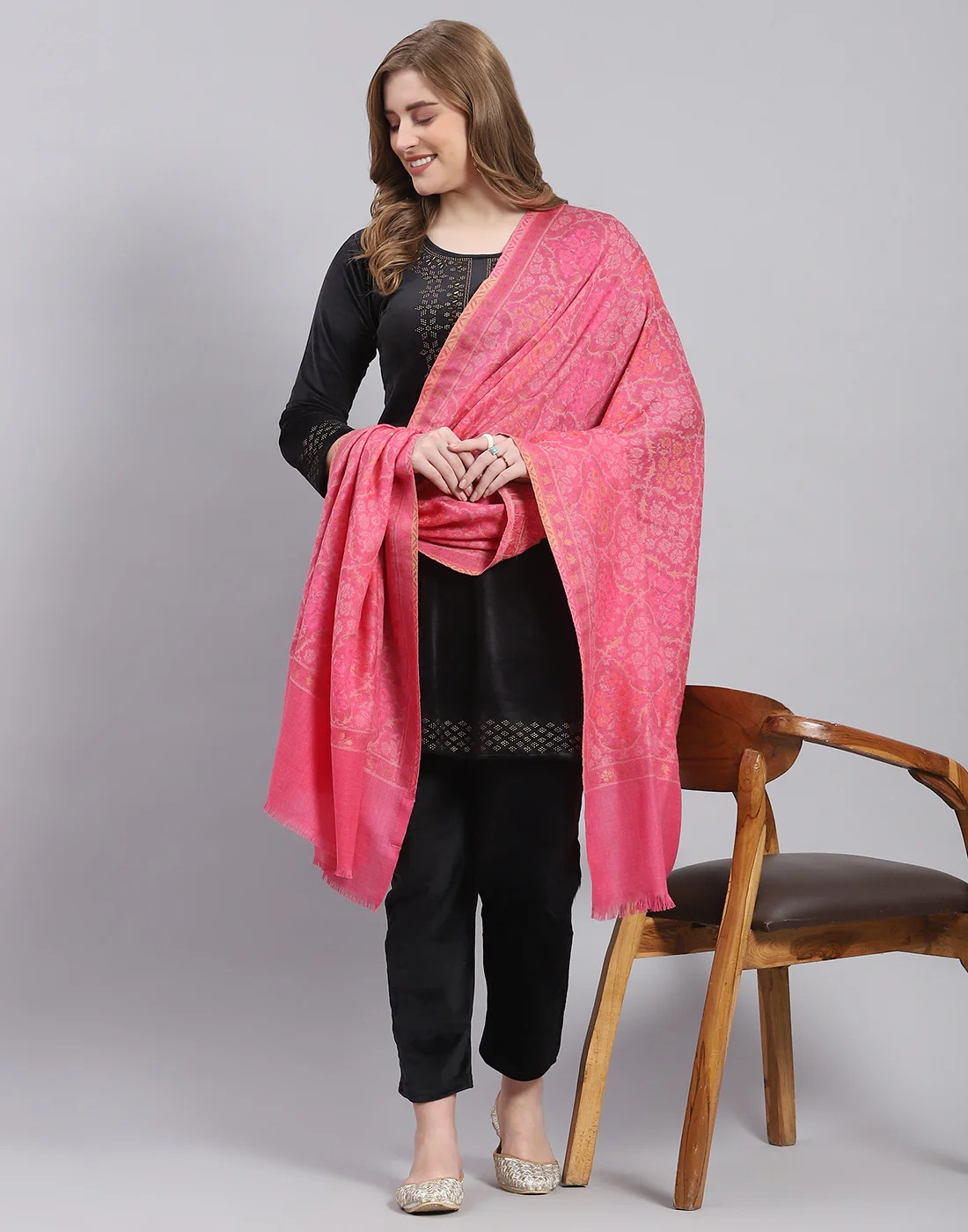 Women Pink Self Design Shawl - Image 2