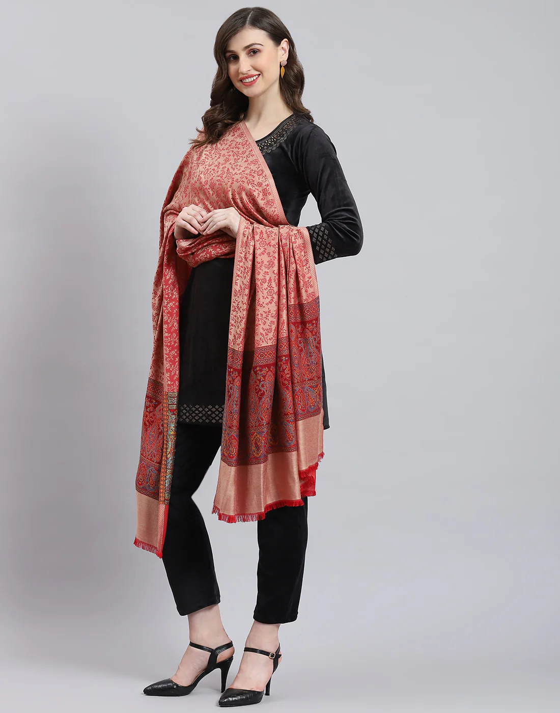Women Pink Self Design Shawl - Image 3