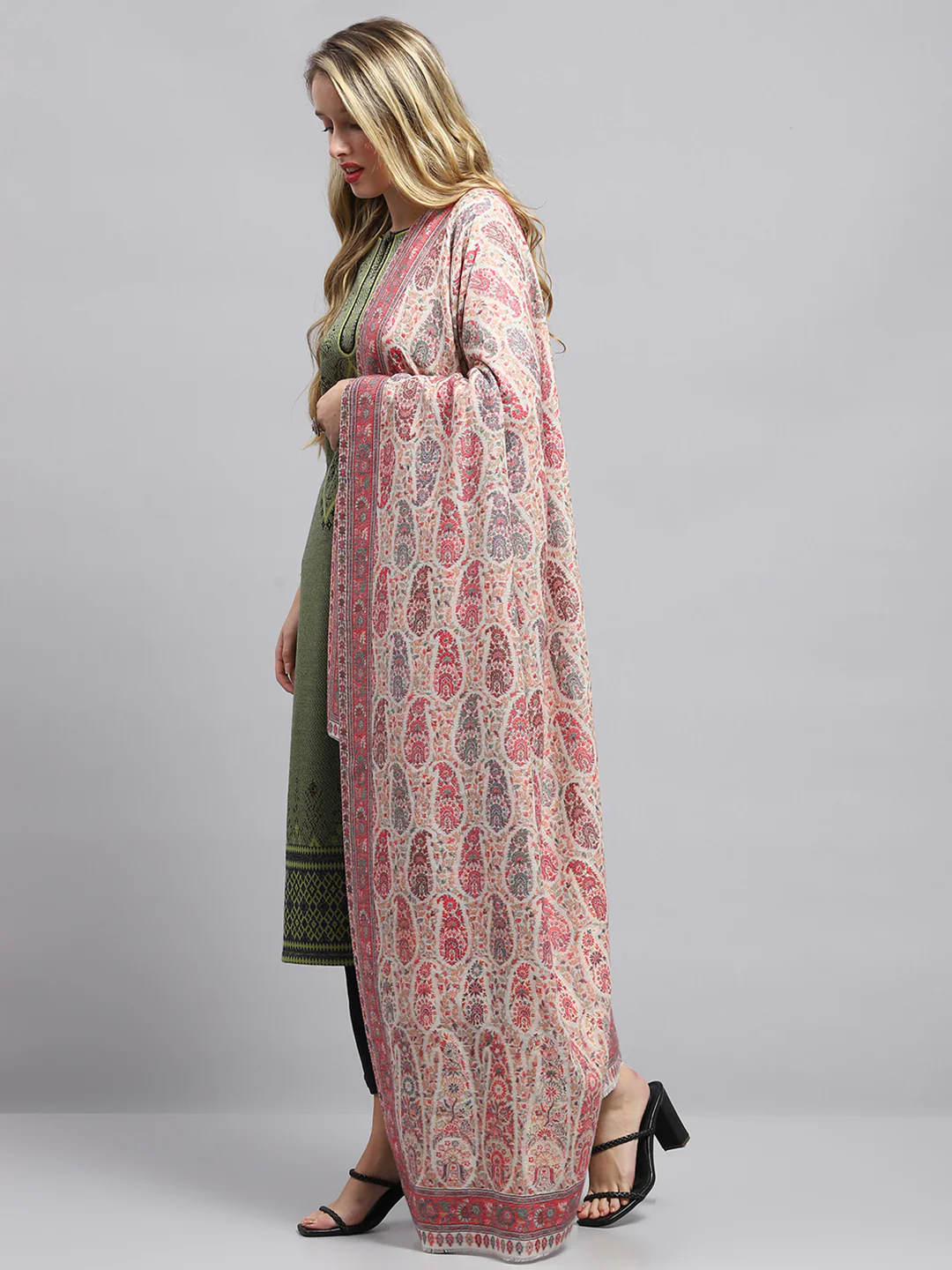 Women Pink Self Design Shawl - Image 3