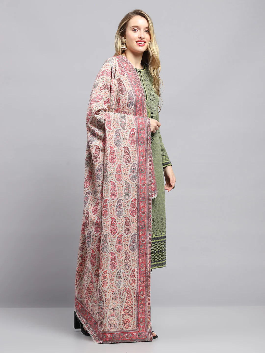 Women Pink Self Design Shawl - Image 4