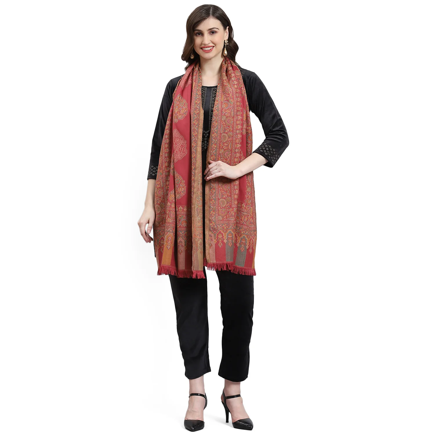 Women Pink Self Design Stole - Image 5