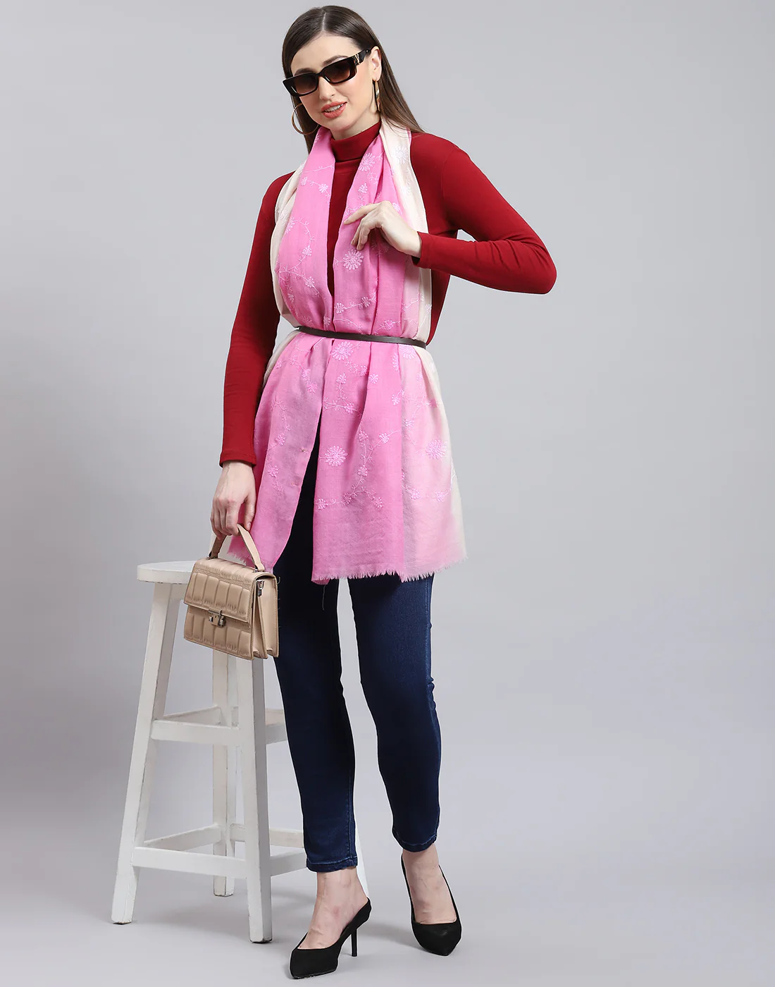 Women Pink Self Design Stole - Image 2