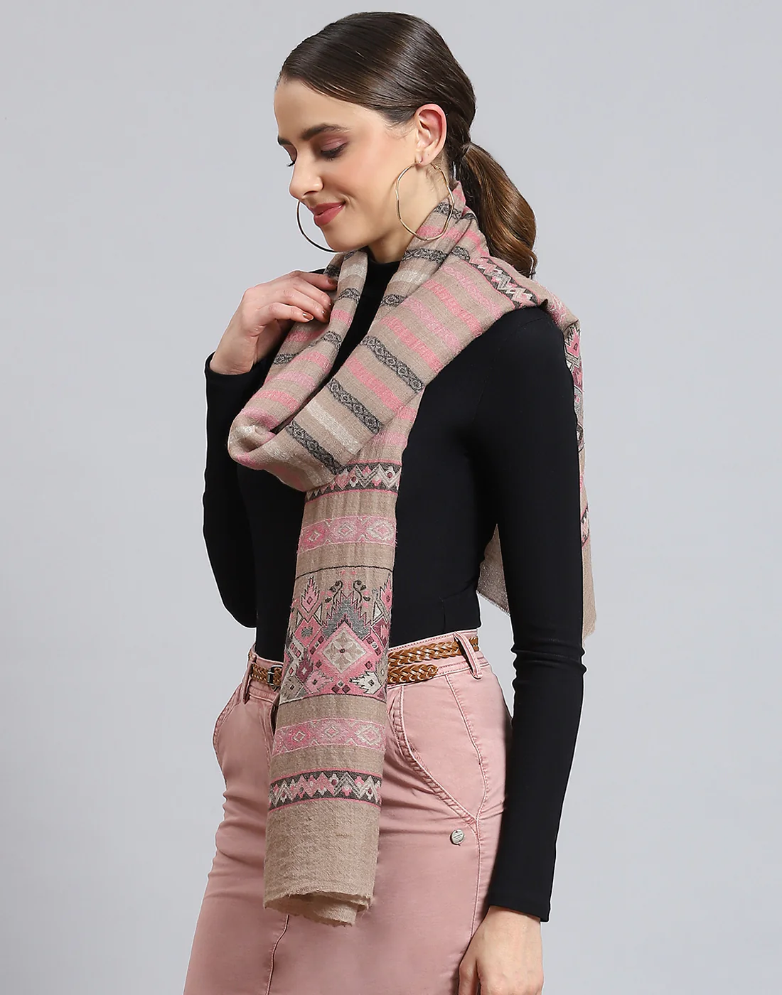 Women Pink Self Design Stole - Image 3