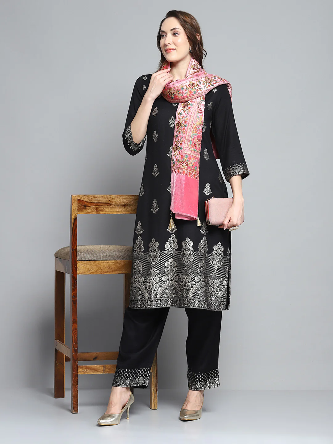 Women Pink Self Design Stole - Image 2