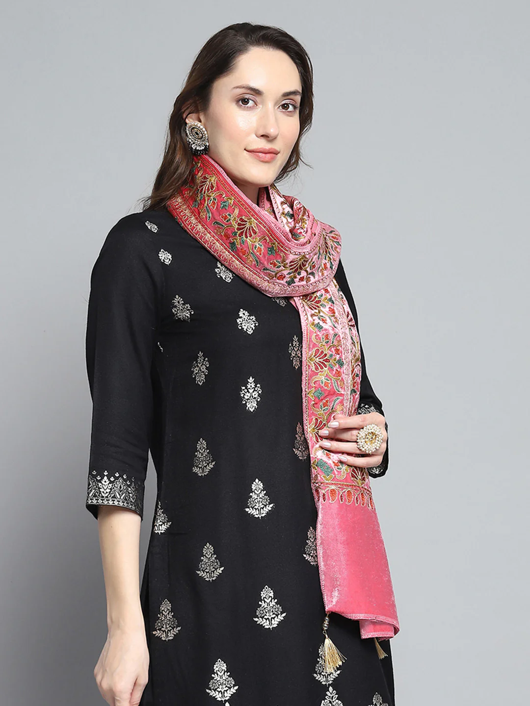 Women Pink Self Design Stole - Image 4