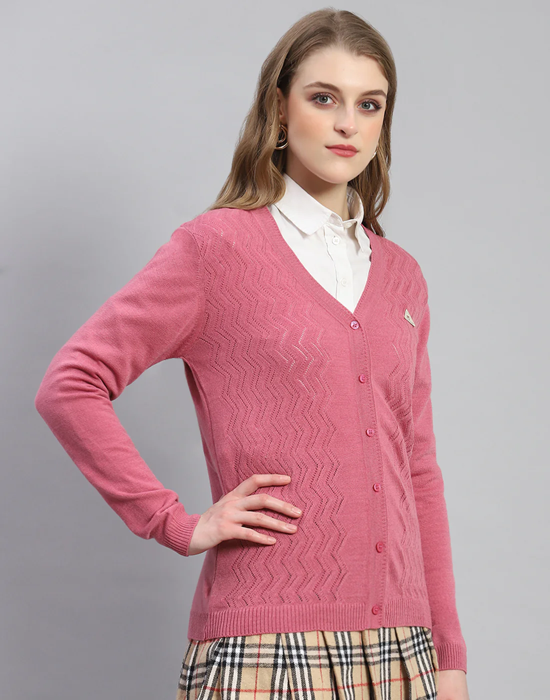 Women Pink Self Design V Neck Full Sleeve Cardigan - Image 4
