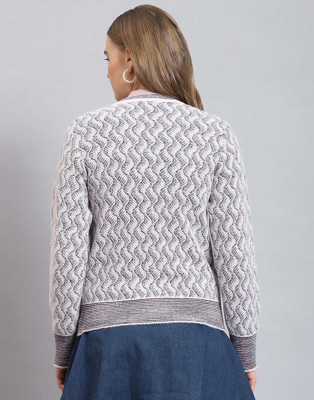 Women Pink Self Design V Neck Full Sleeve Cardigan - Image 5