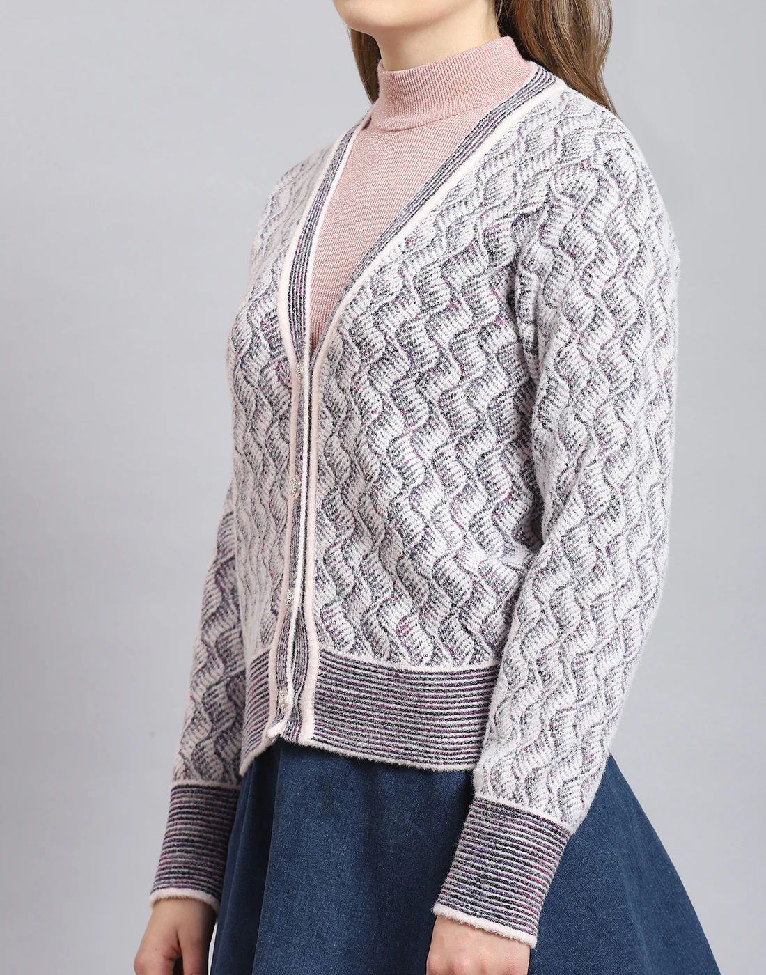 Women Pink Self Design V Neck Full Sleeve Cardigan - Image 6