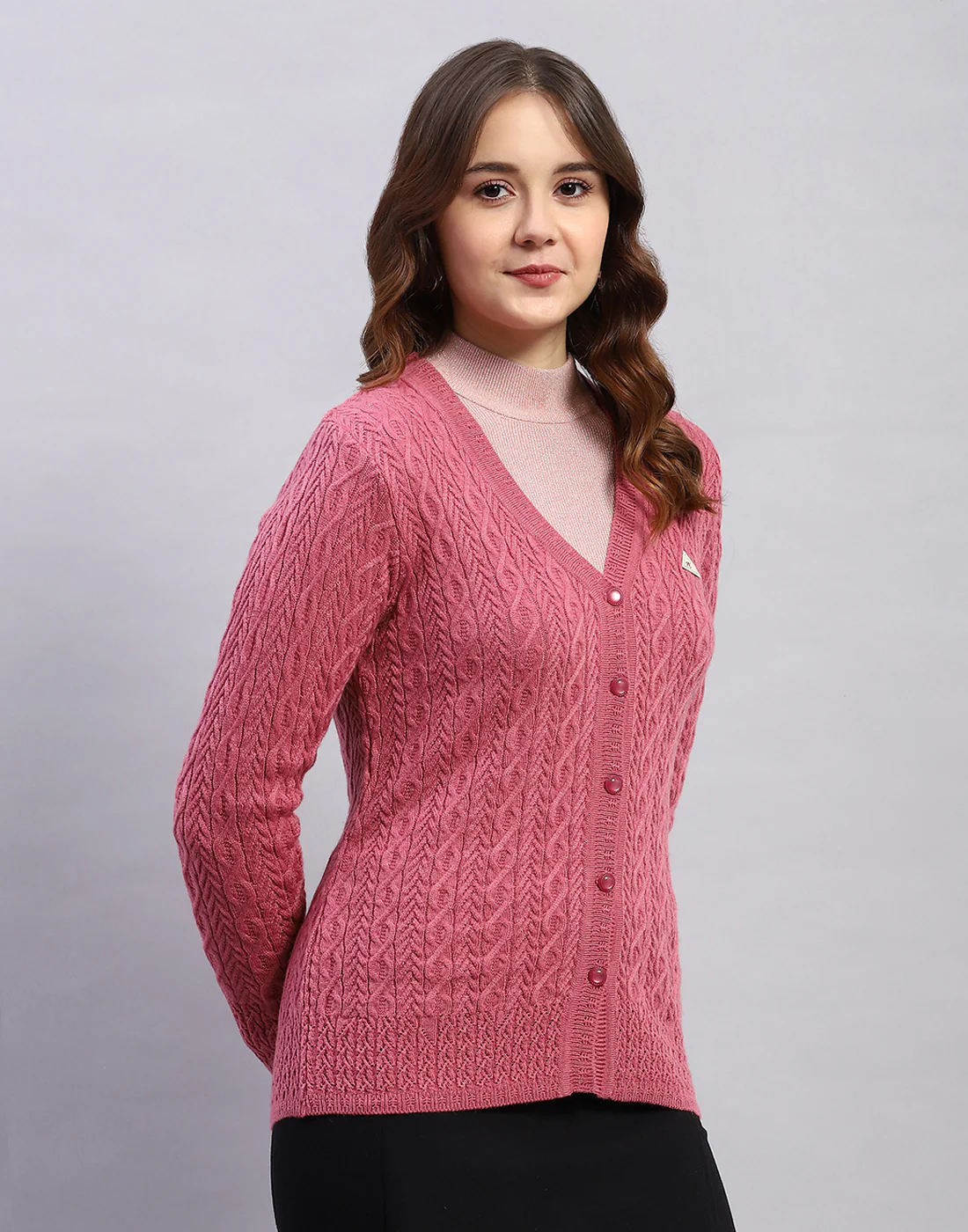 Women Pink Self Design V Neck Full Sleeve Cardigan - Image 4