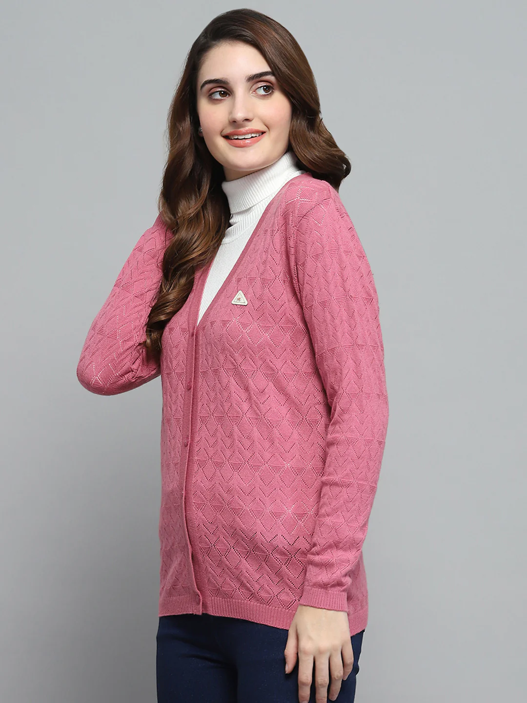 Women Pink Self Design V Neck Full Sleeve Cardigan - Image 3