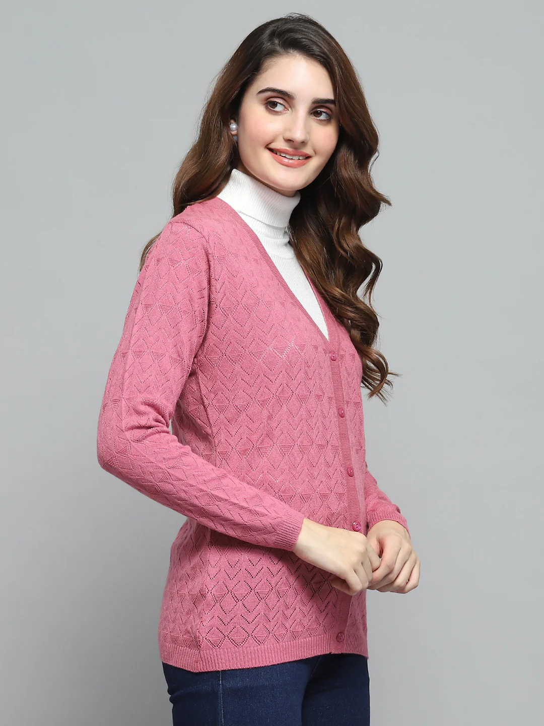 Women Pink Self Design V Neck Full Sleeve Cardigan - Image 4