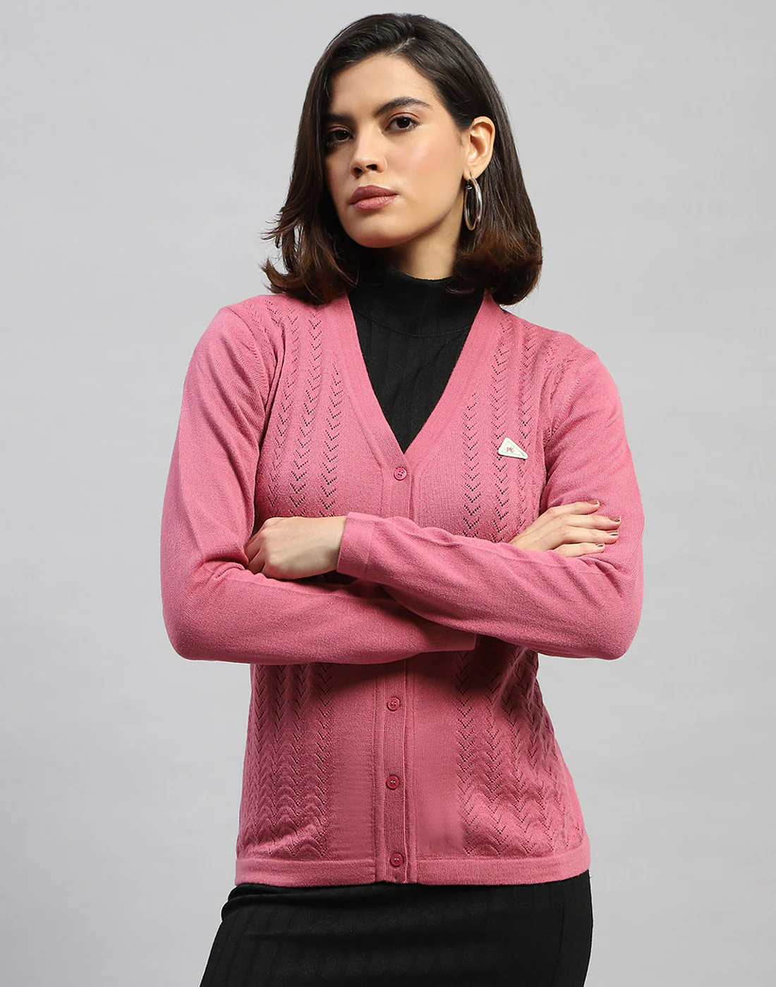 Women Pink Self Design V Neck Full Sleeve Cardigan - Image 2