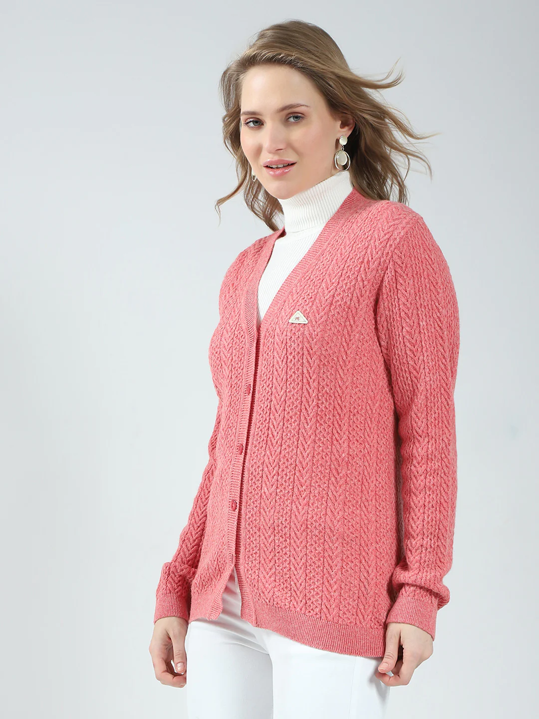 Women Pink Self Design V Neck Full Sleeve Cardigan - Image 3