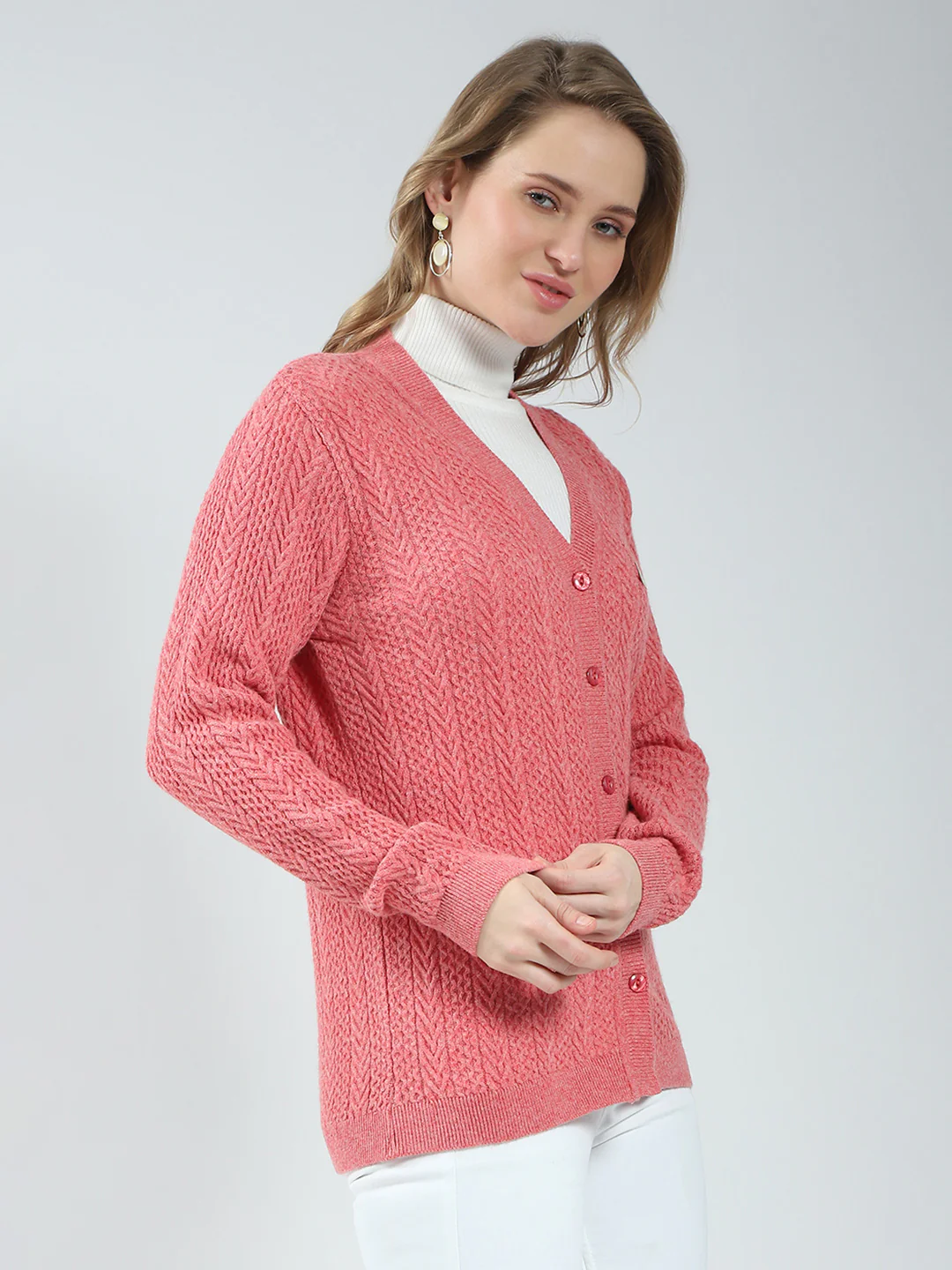Women Pink Self Design V Neck Full Sleeve Cardigan - Image 4