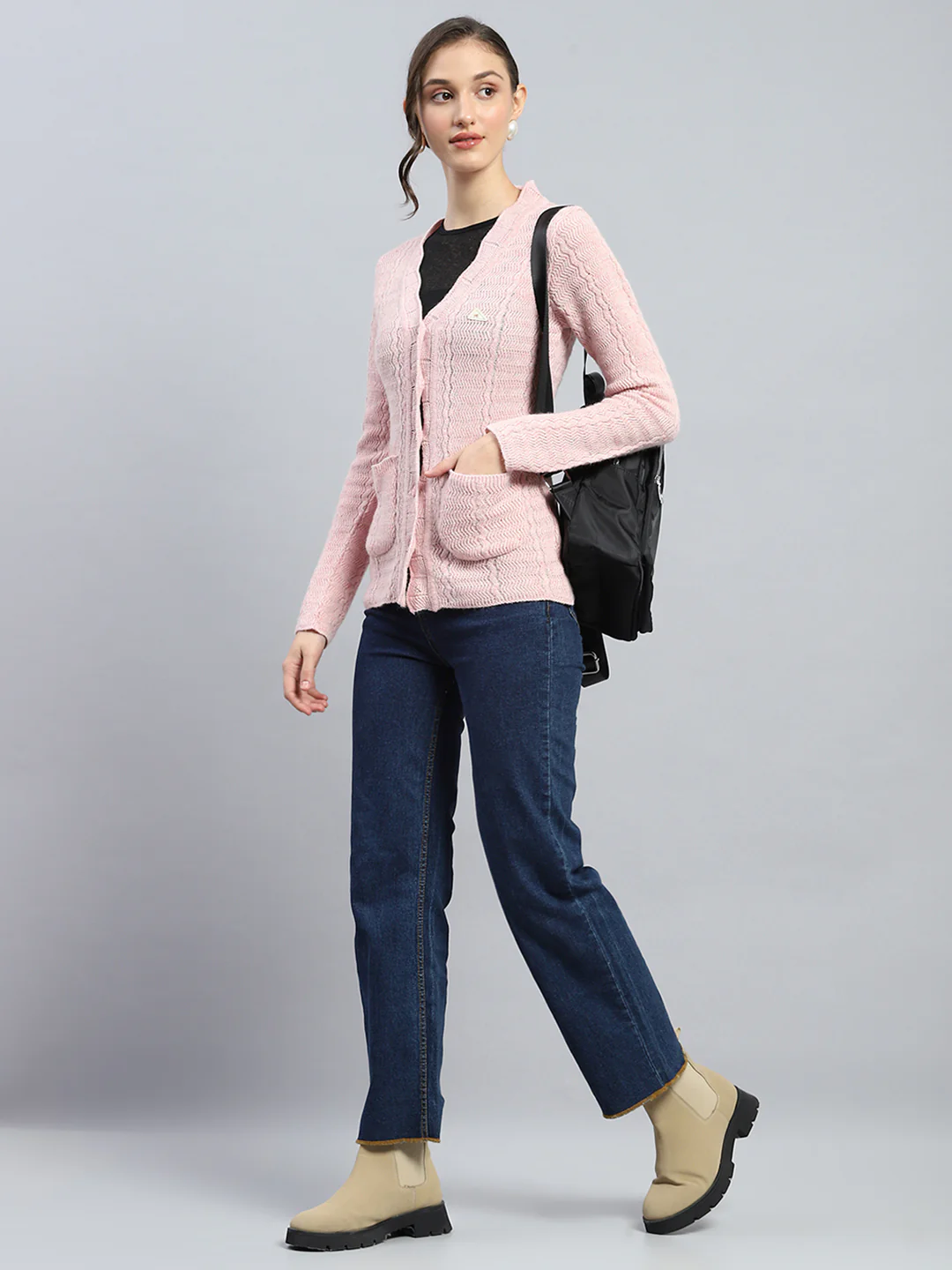 Women Pink Self Design V Neck Full Sleeve Cardigan - Image 2