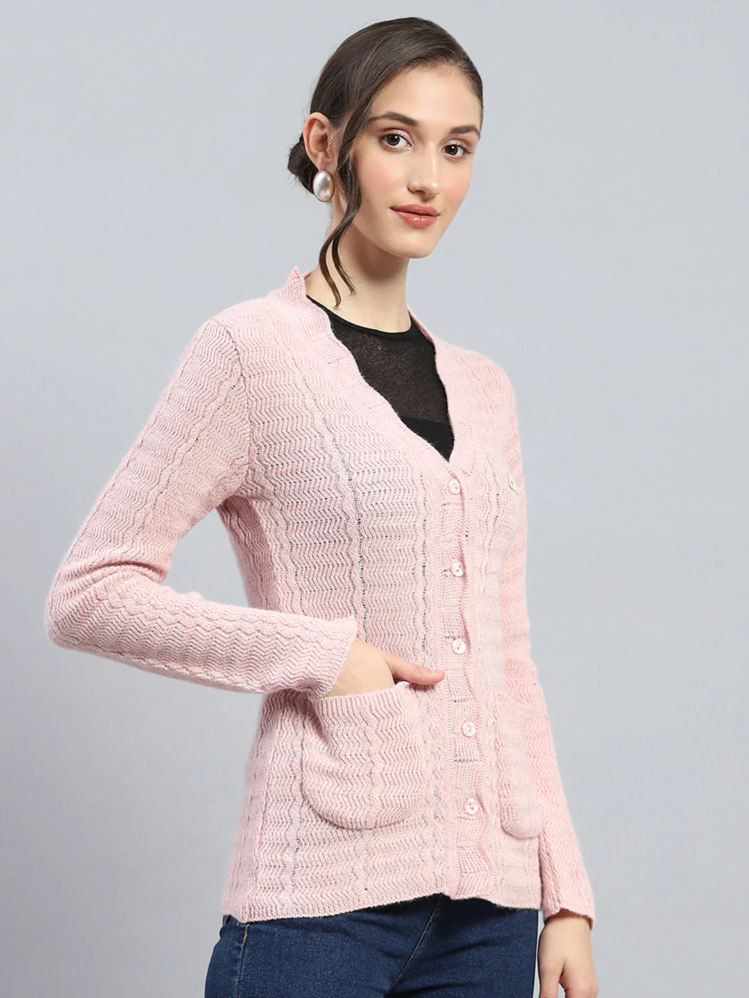 Women Pink Self Design V Neck Full Sleeve Cardigan - Image 4