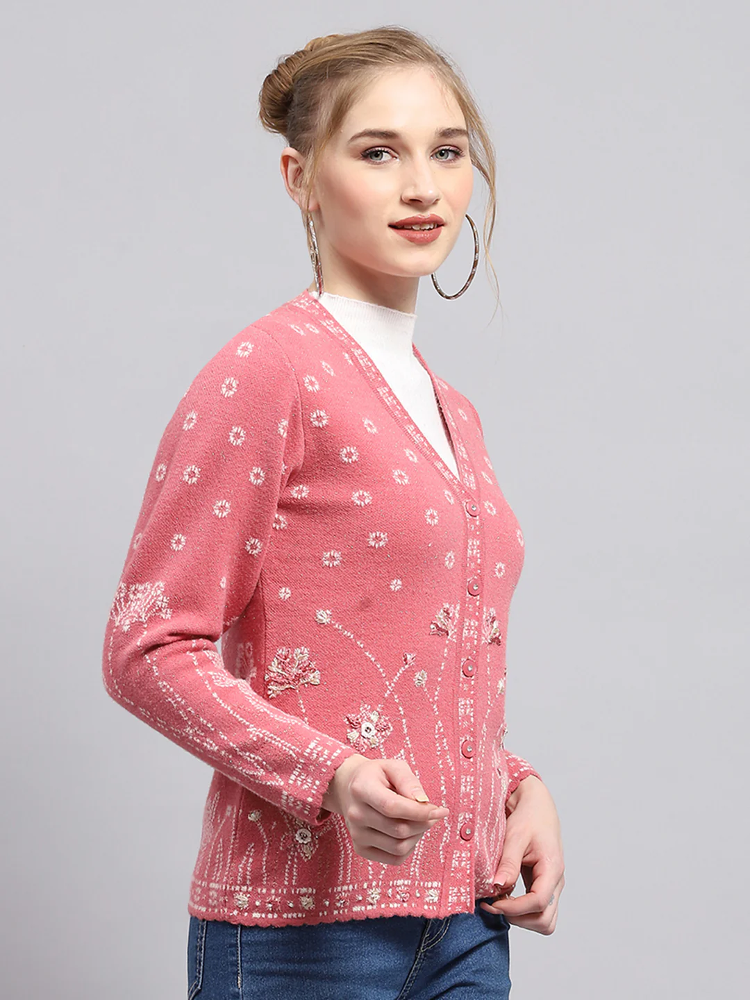 Women Pink Self Design V Neck Full Sleeve Cardigan - Image 4