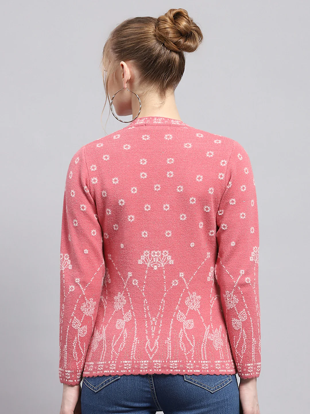 Women Pink Self Design V Neck Full Sleeve Cardigan - Image 5