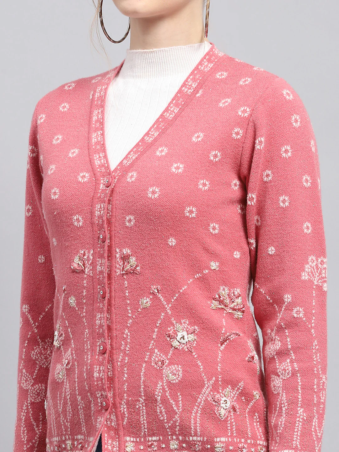 Women Pink Self Design V Neck Full Sleeve Cardigan - Image 6