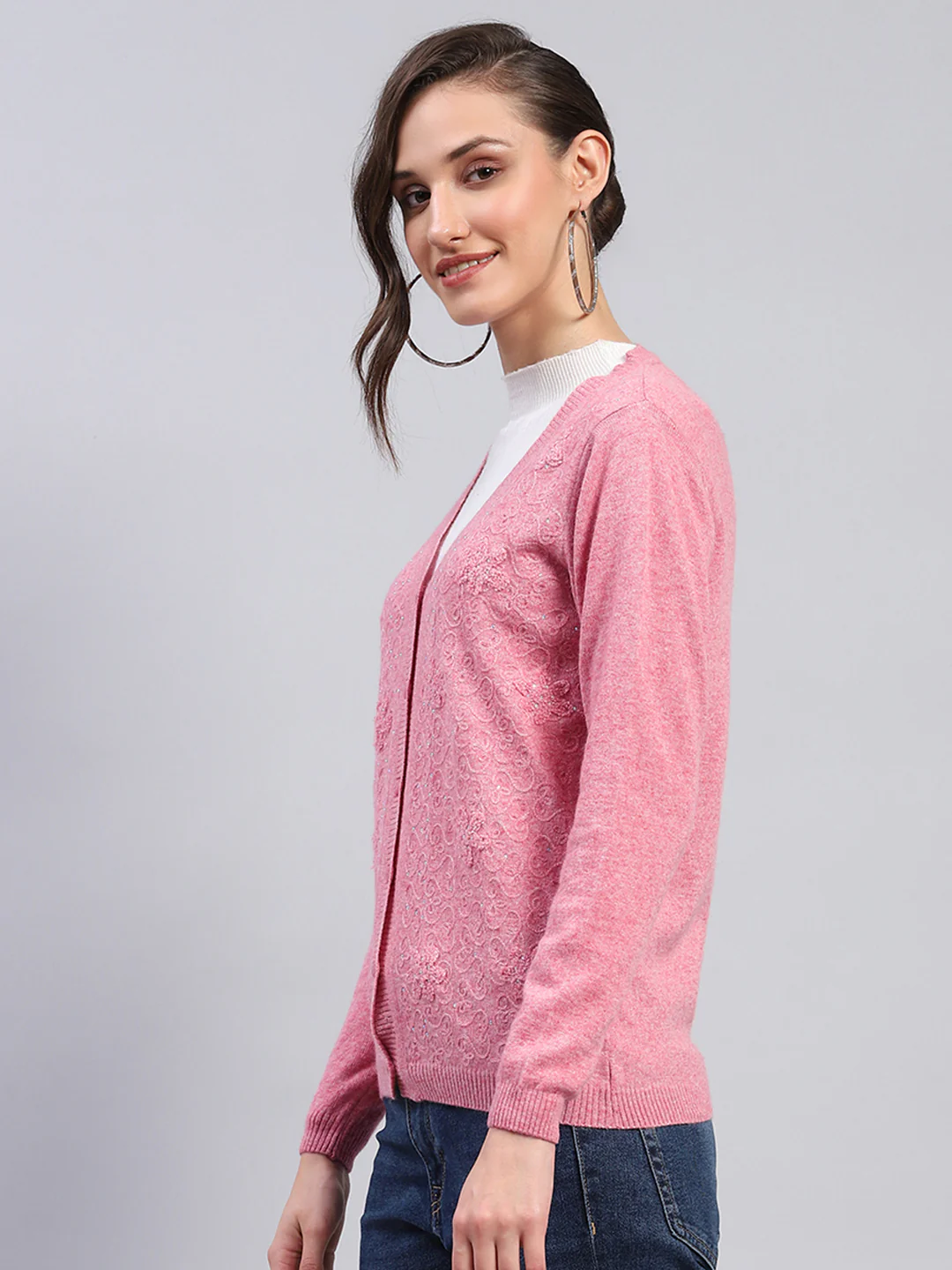Women Pink Self Design V Neck Full Sleeve Cardigan - Image 3