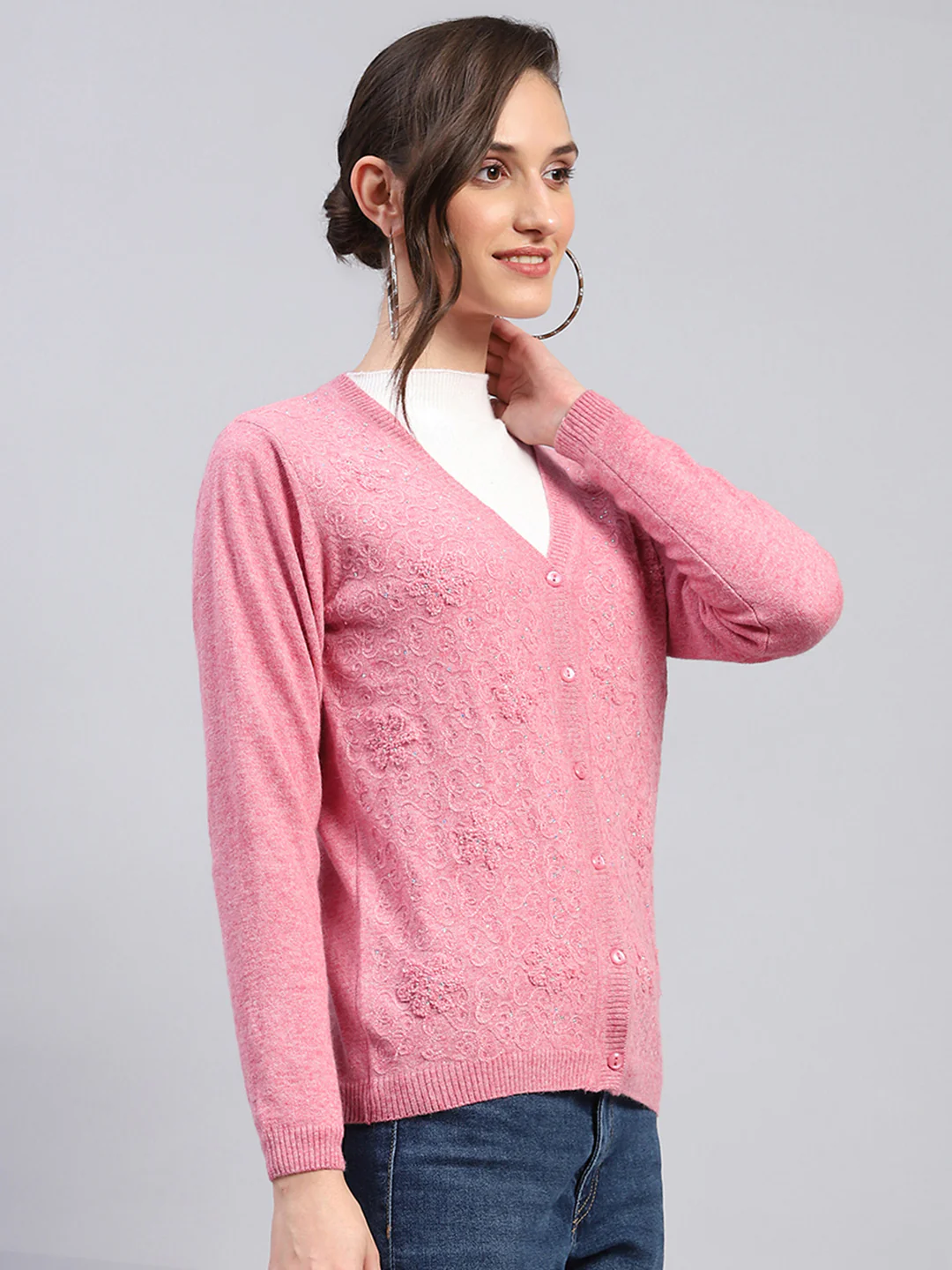 Women Pink Self Design V Neck Full Sleeve Cardigan - Image 4