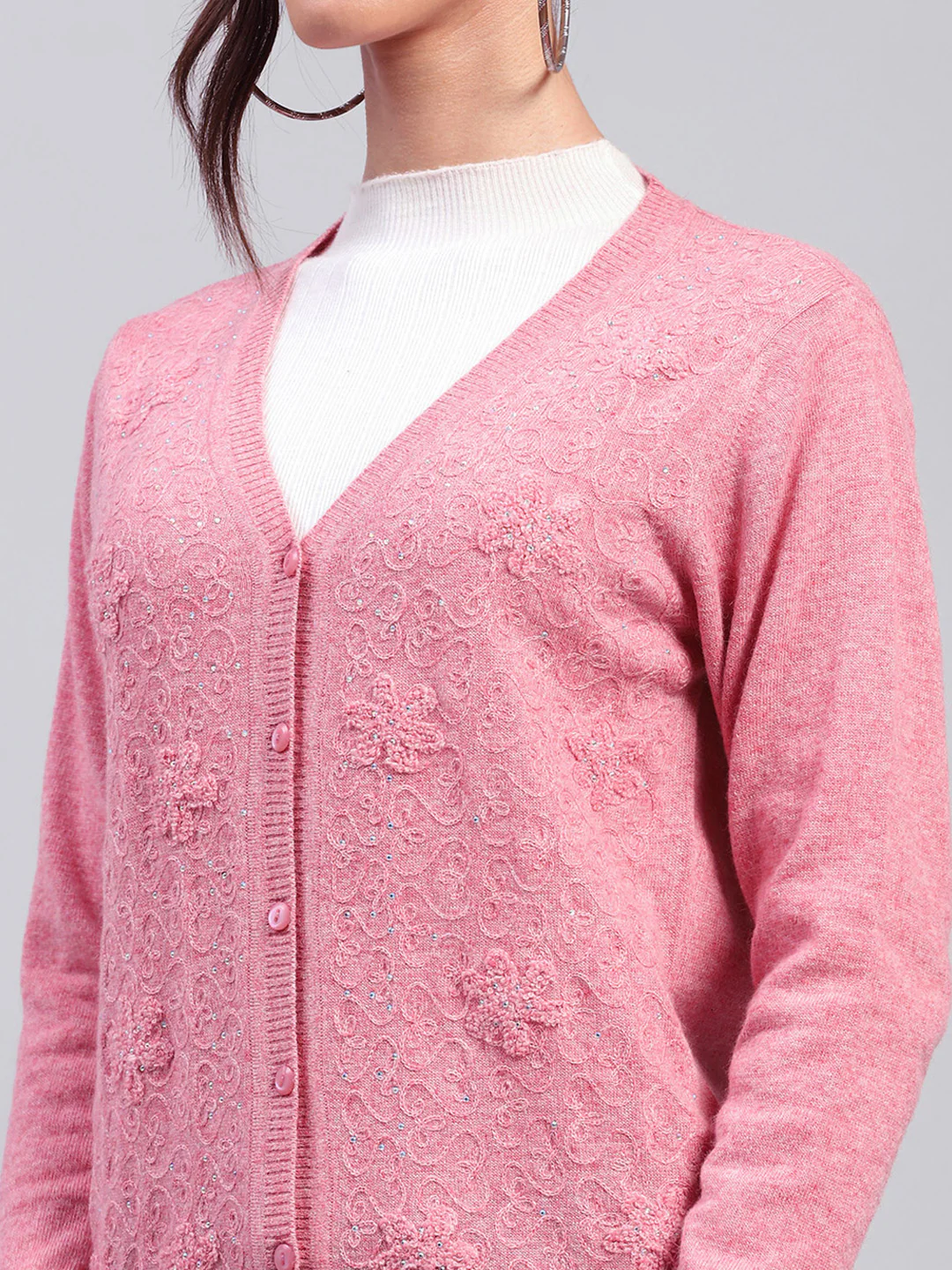 Women Pink Self Design V Neck Full Sleeve Cardigan - Image 6