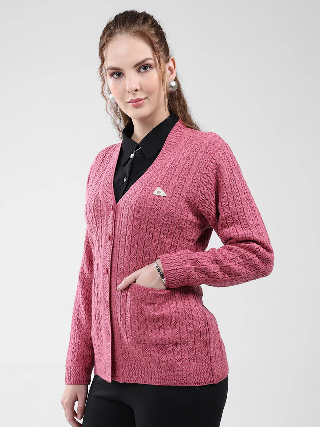 Women Pink Self Design V Neck Full Sleeve Cardigan - Image 3