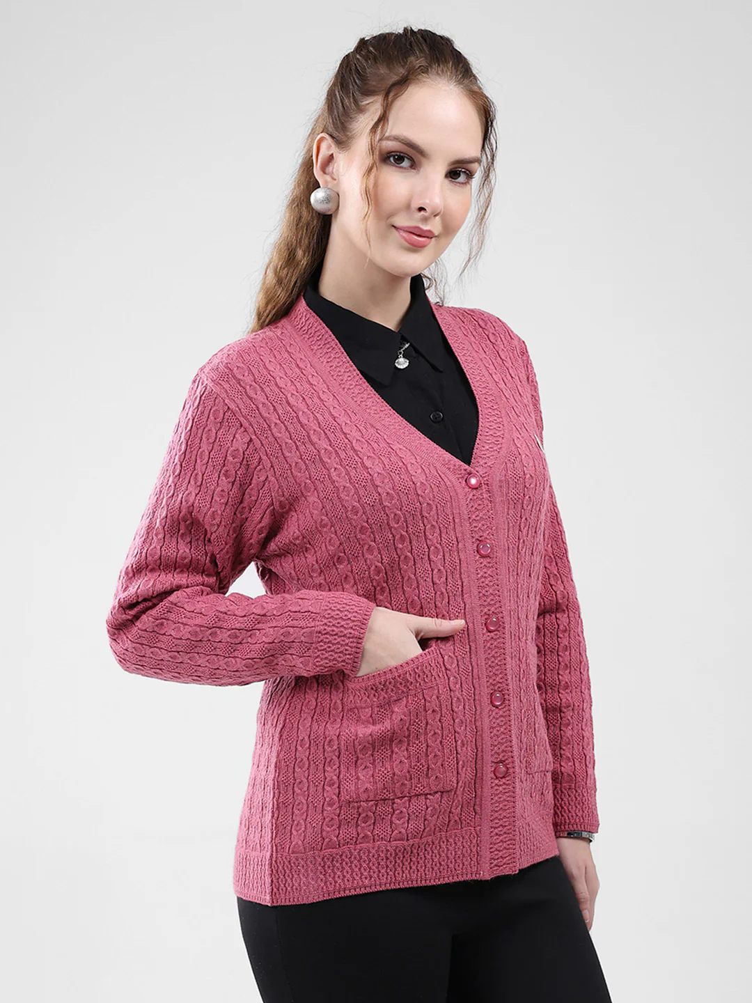 Women Pink Self Design V Neck Full Sleeve Cardigan - Image 4