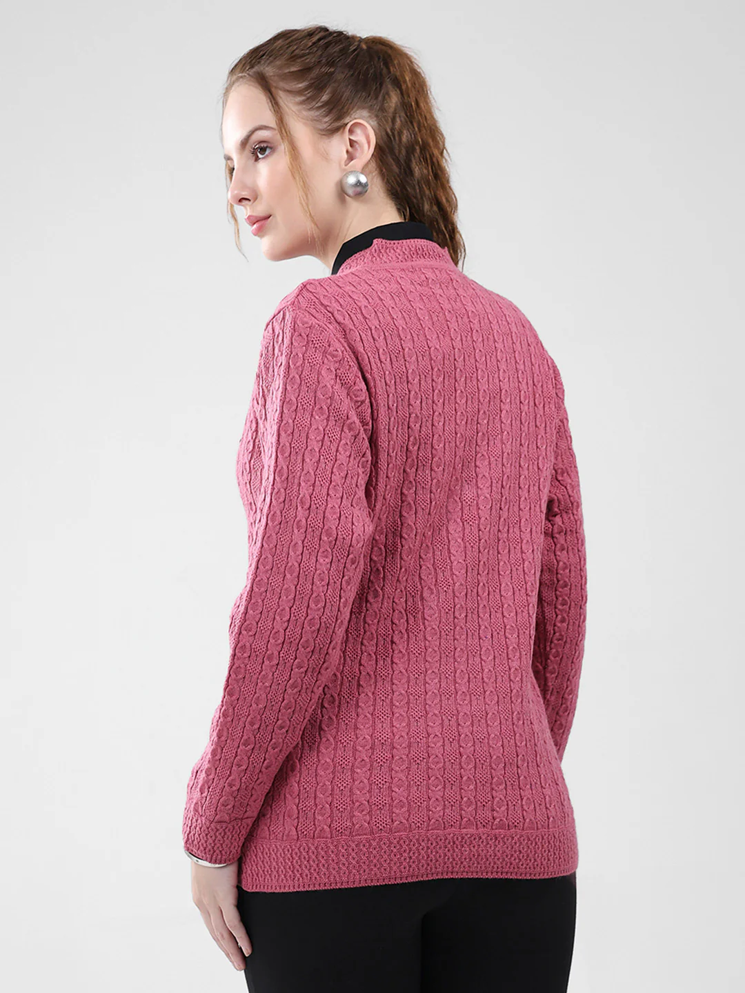 Women Pink Self Design V Neck Full Sleeve Cardigan - Image 5