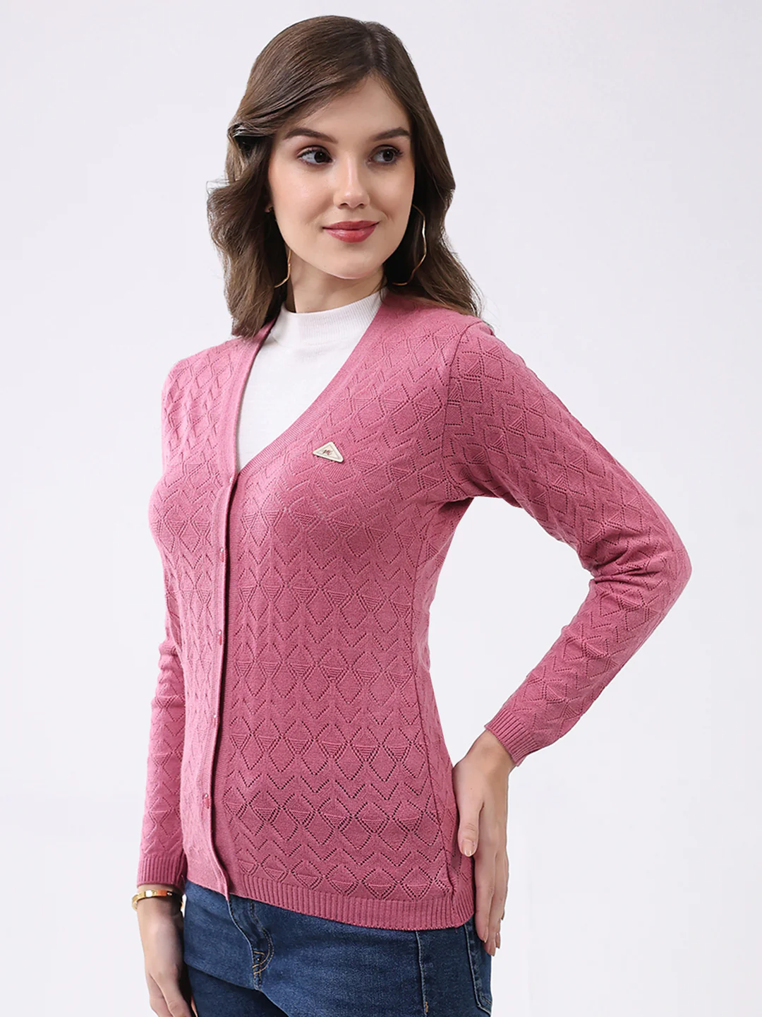 Women Pink Self Design V Neck Full Sleeve Cardigan - Image 3