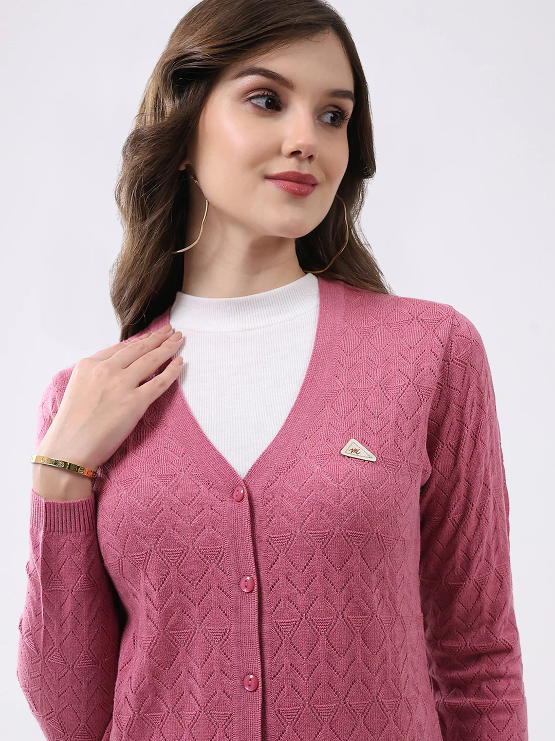 Women Pink Self Design V Neck Full Sleeve Cardigan - Image 6