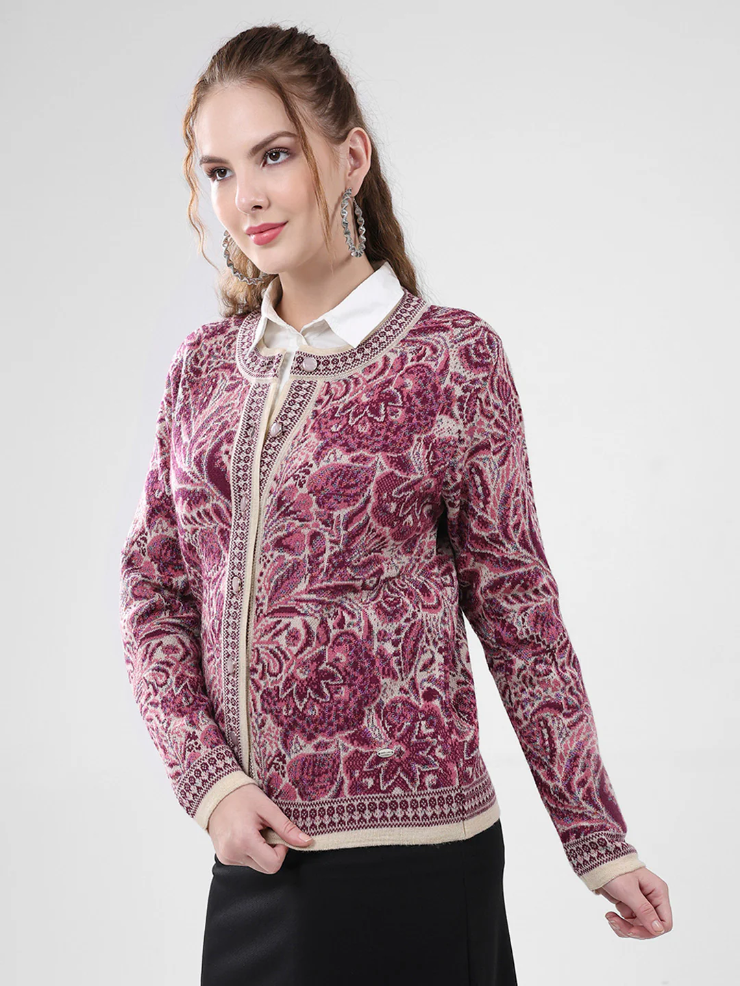 Women Pink Self Design Round Neck Full Sleeve Cardigan - Image 3