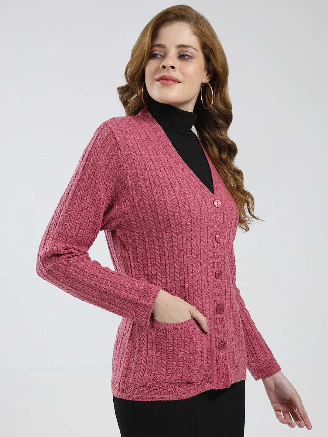 Women Pink Self Design V Neck Full Sleeve Cardigan - Image 4
