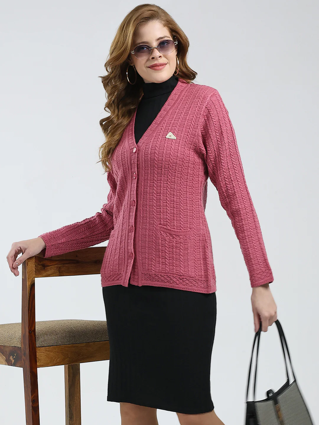 Women Pink Self Design V Neck Full Sleeve Cardigan - Image 6