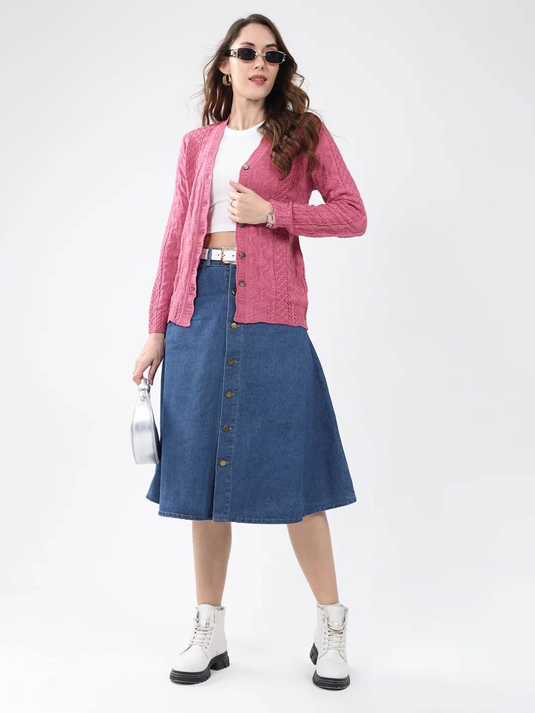 Women Pink Self Design V Neck Full Sleeve Cardigan - Image 2