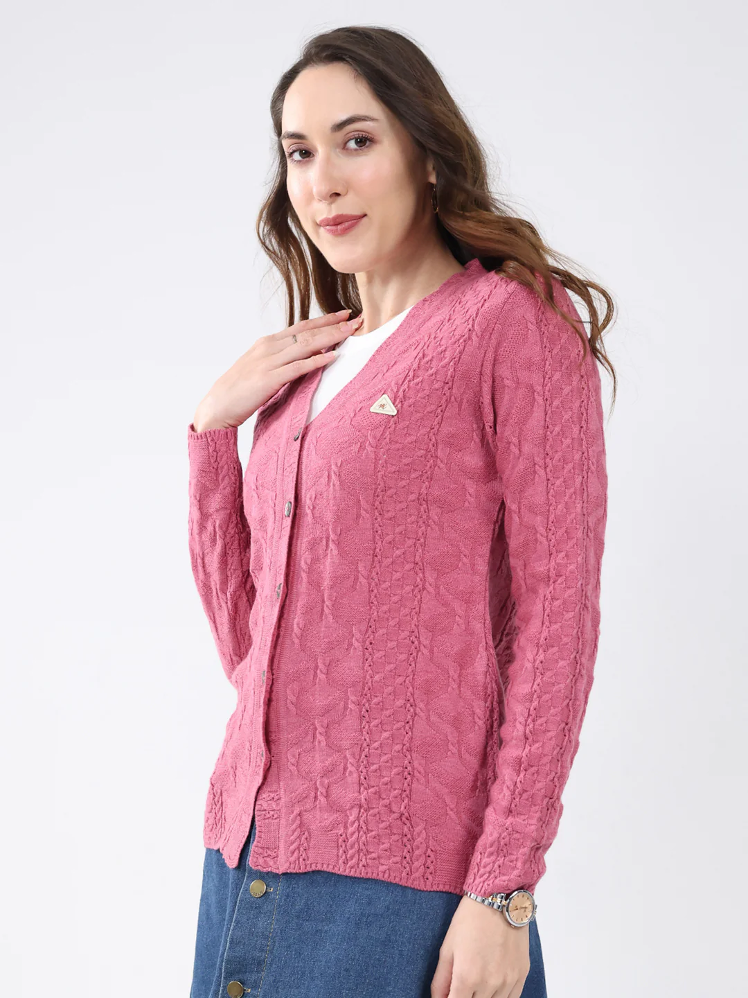 Women Pink Self Design V Neck Full Sleeve Cardigan - Image 3