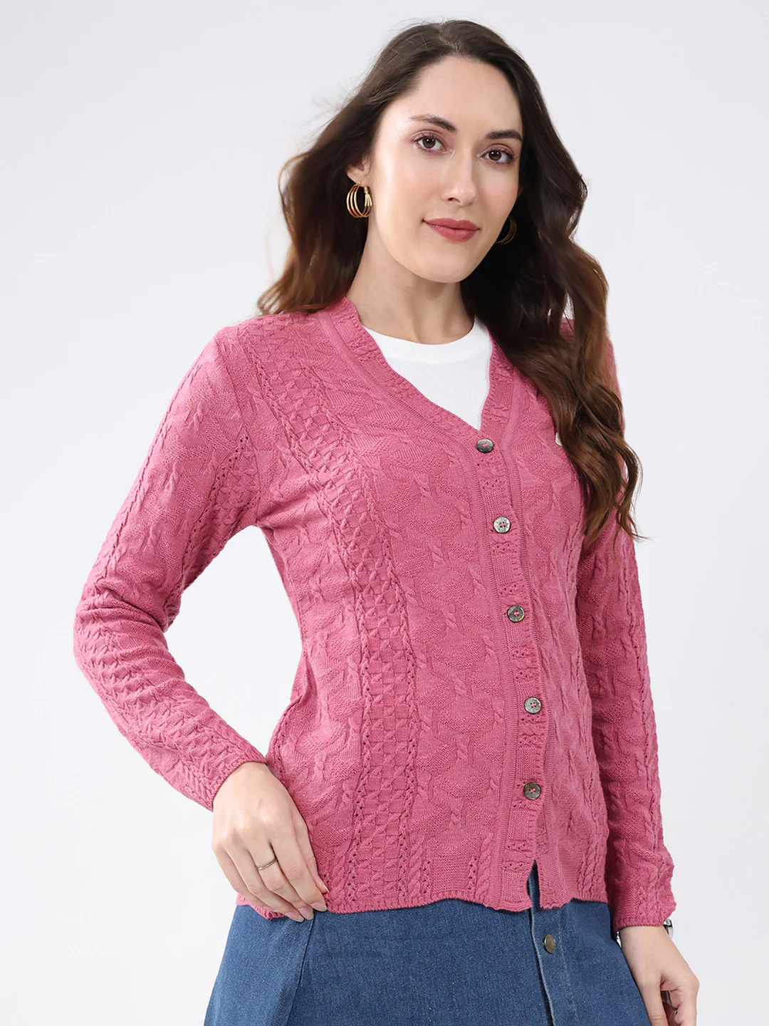 Women Pink Self Design V Neck Full Sleeve Cardigan - Image 4