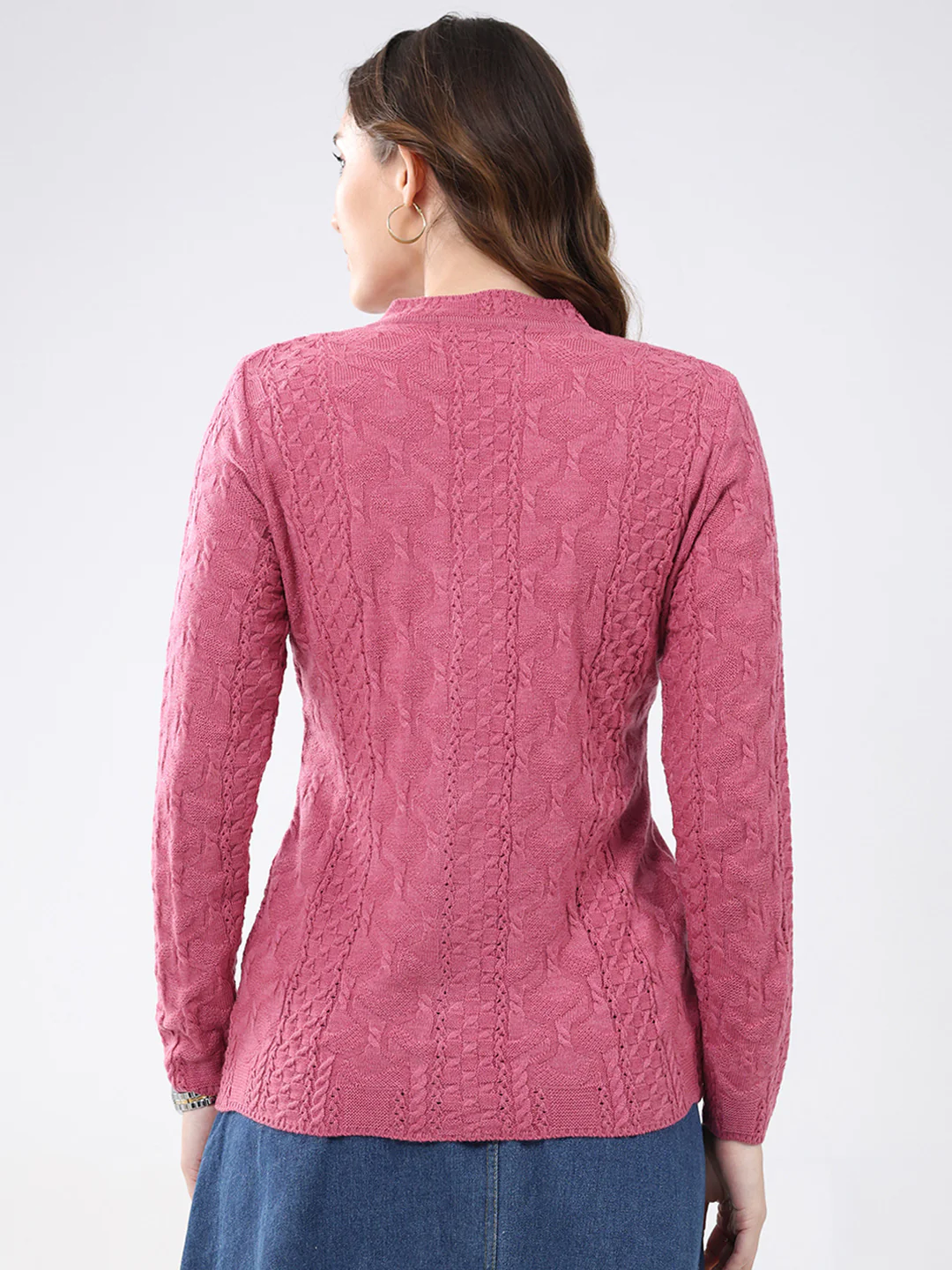Women Pink Self Design V Neck Full Sleeve Cardigan - Image 5