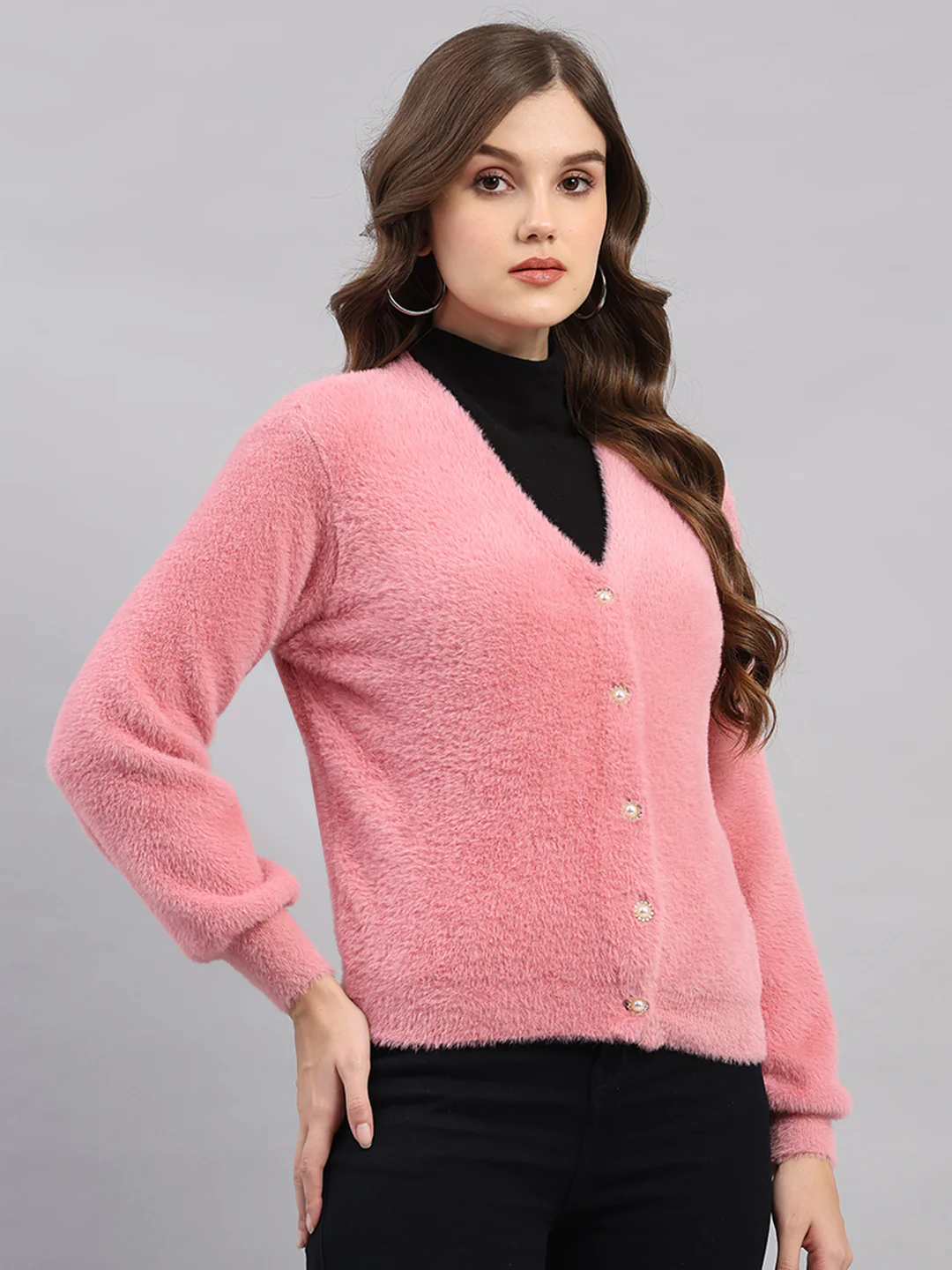Women Pink Self Design V Neck Full Sleeve Cardigan - Image 4