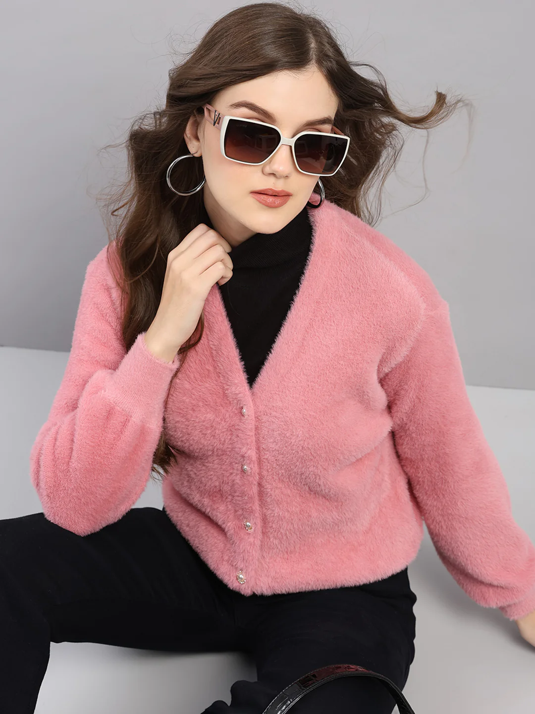 Women Pink Self Design V Neck Full Sleeve Cardigan - Image 6