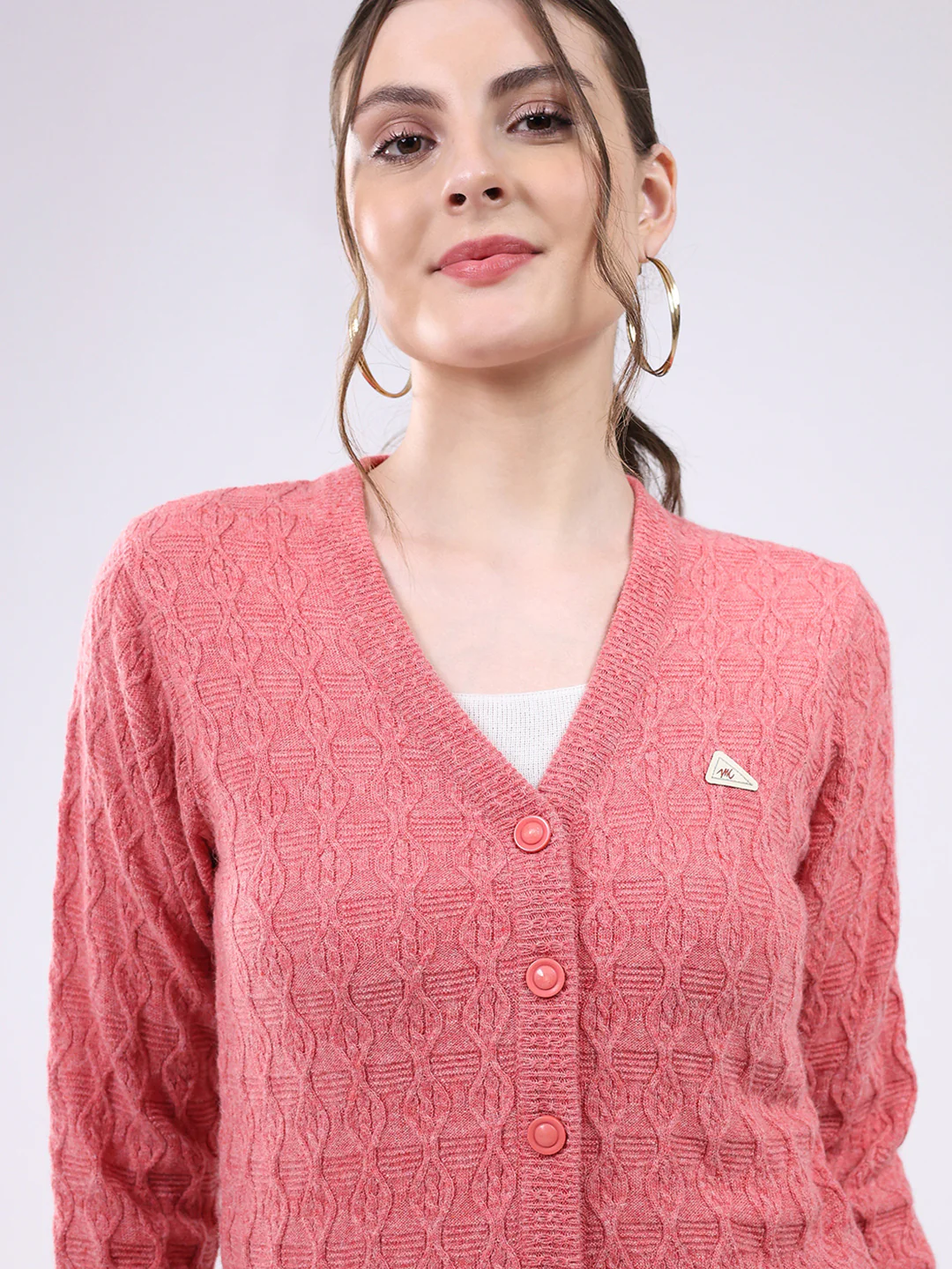Women Pink Self Design V Neck Full Sleeve Cardigan - Image 6