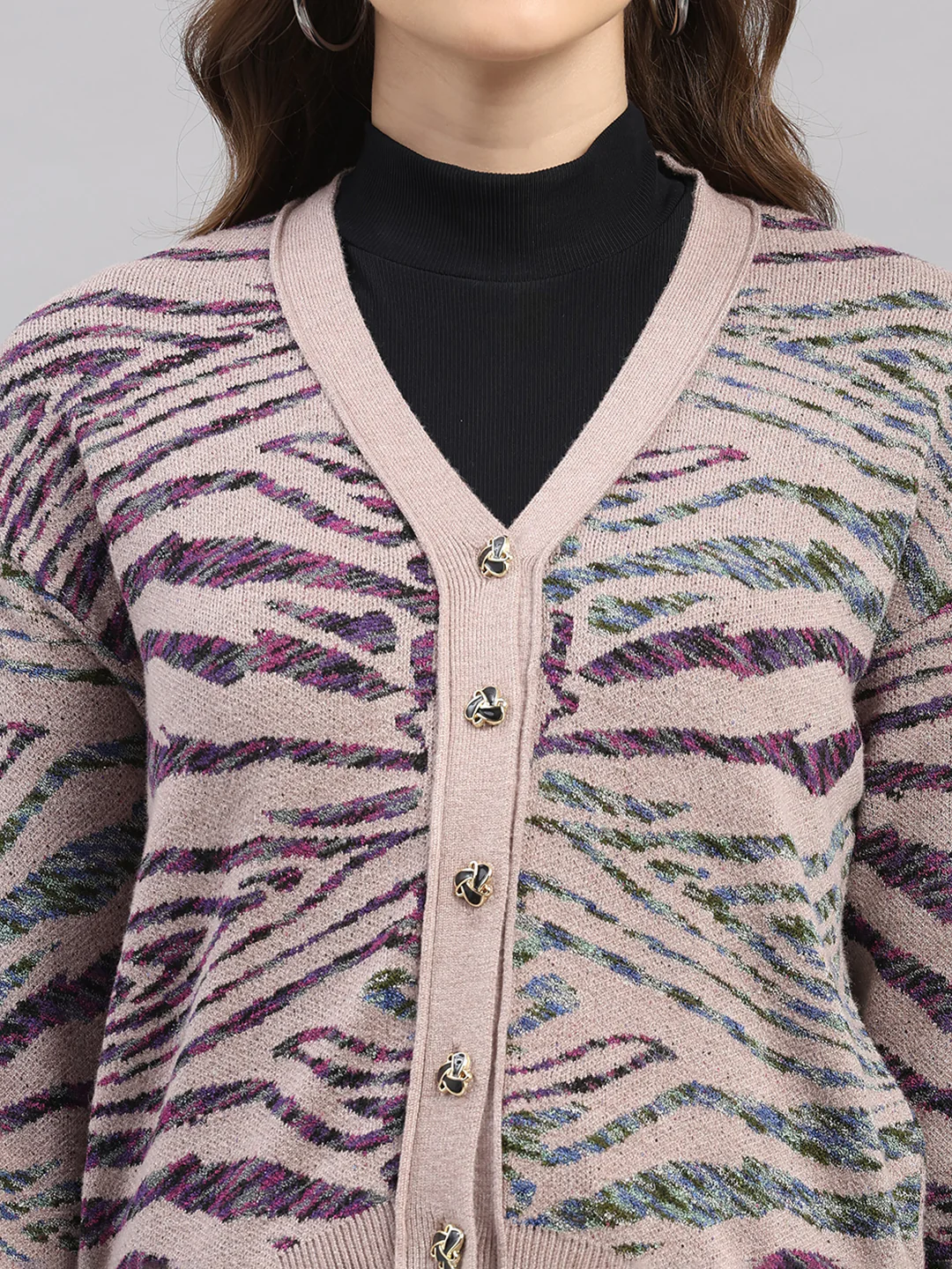Women Pink Self Design V Neck Full Sleeve Cardigan - Image 6