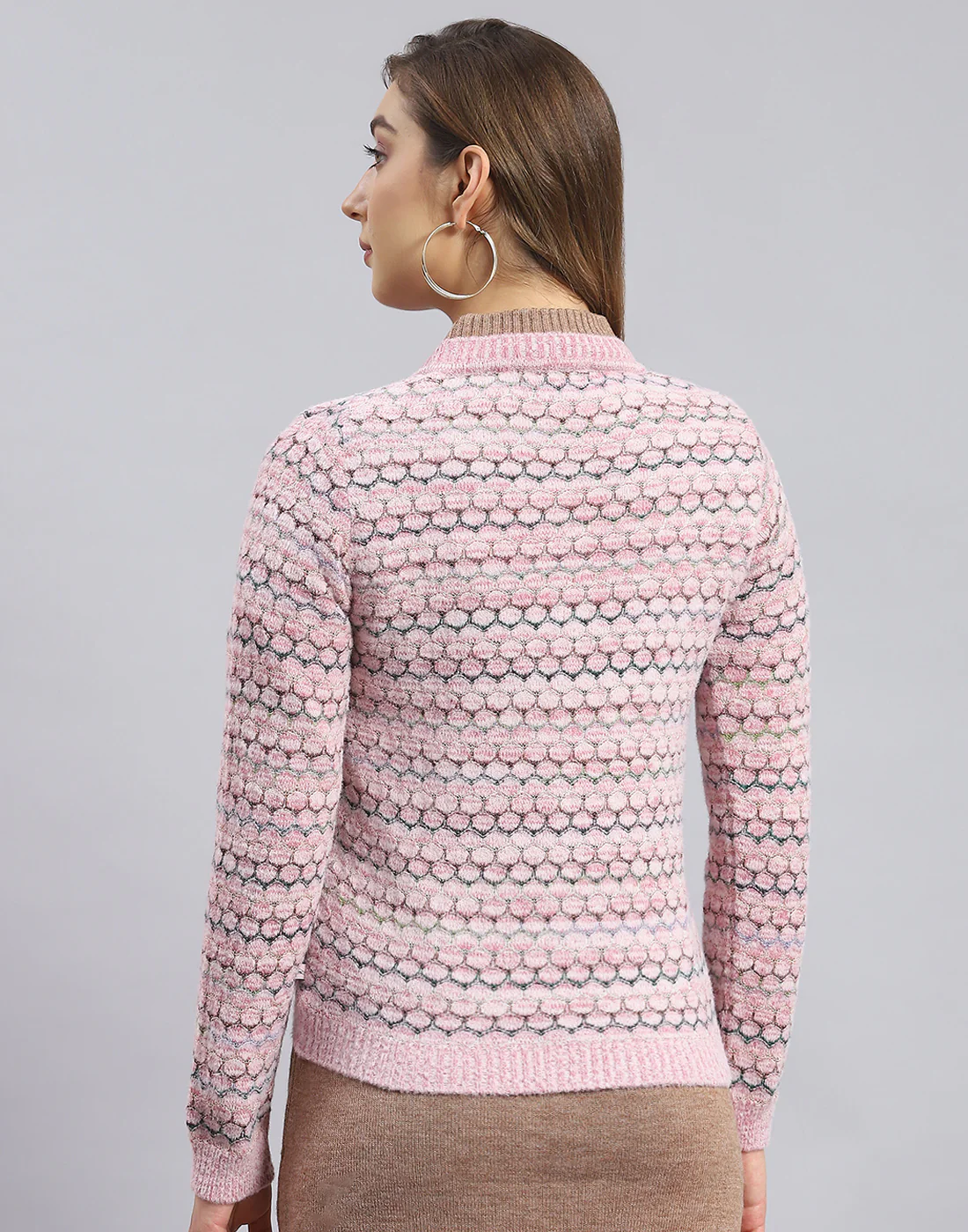 Women Pink Self Design V Neck Full Sleeve Sweater - Image 5